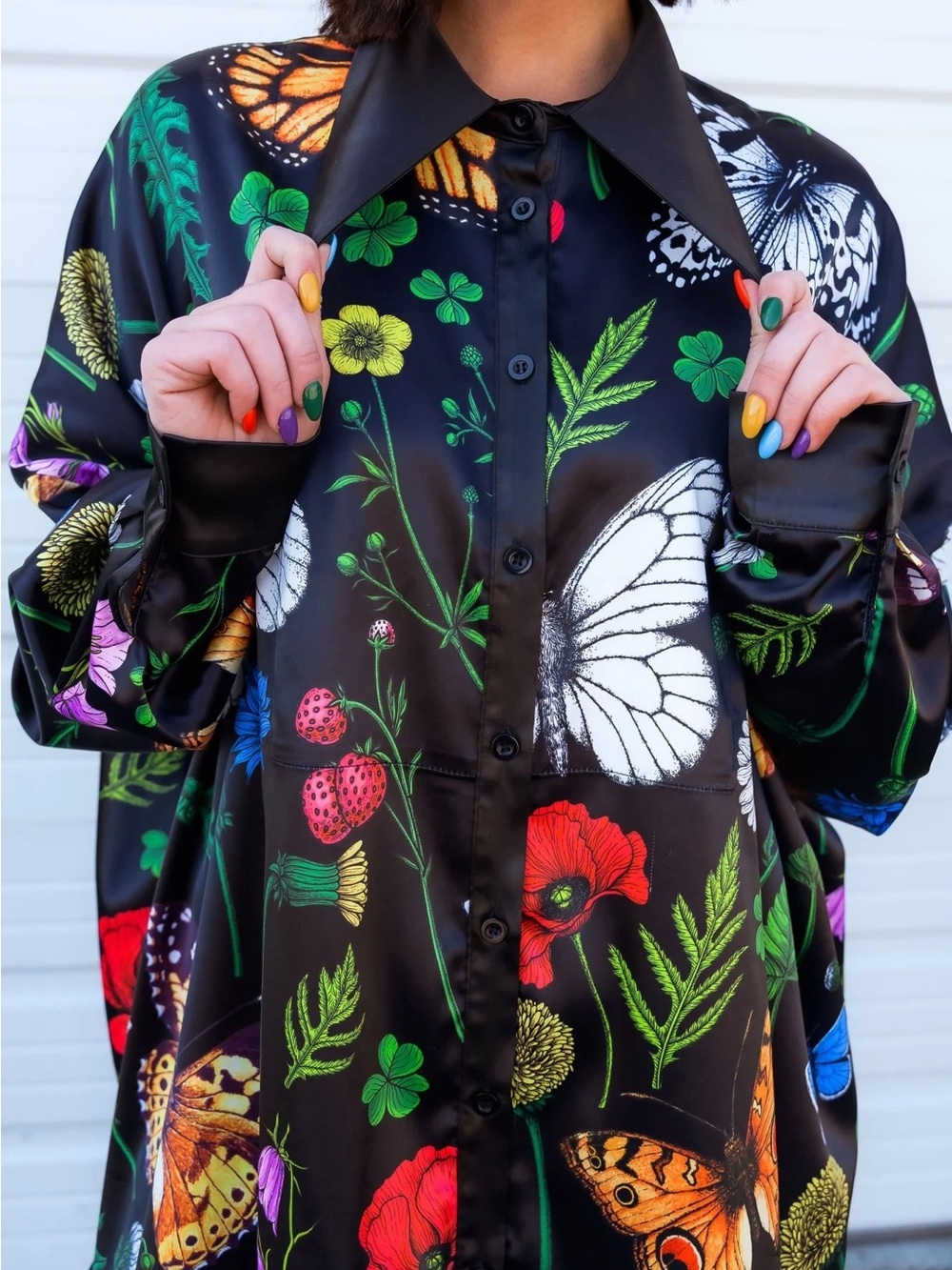 Dressed in Lala-Women's Black Floral & Butterfly Satin Jumpsuit Set - Picture 2 of 6